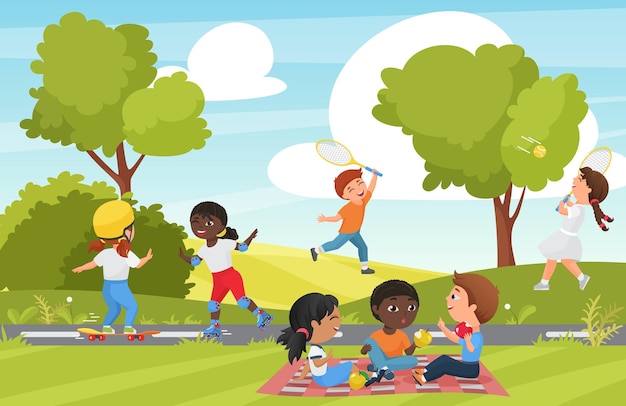 Vector cartoon children play in summer park or garden landscape