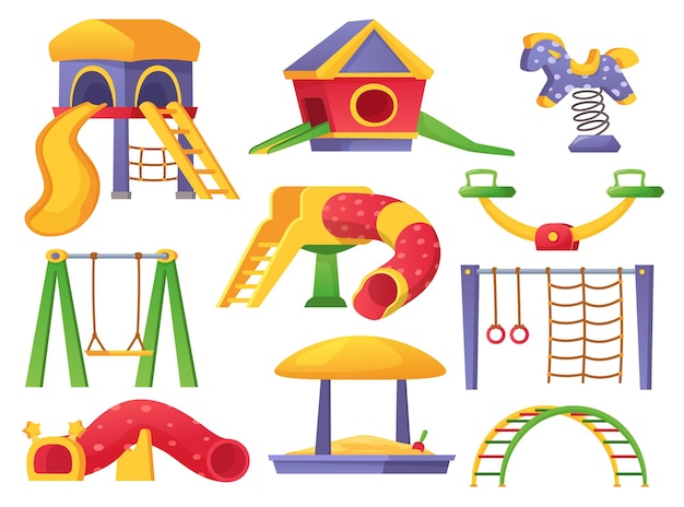 Cartoon children playground elements, kids park equipment. Slide, seesaw, swing, sandbox, swing horse, kindergarten outdoor playset vector set. Leisure activity and entertainment for children