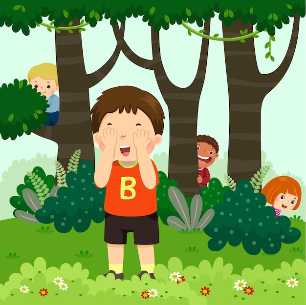 Vector cartoon of children playing hide and seek in the park