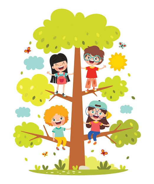 Cartoon children playing at tree