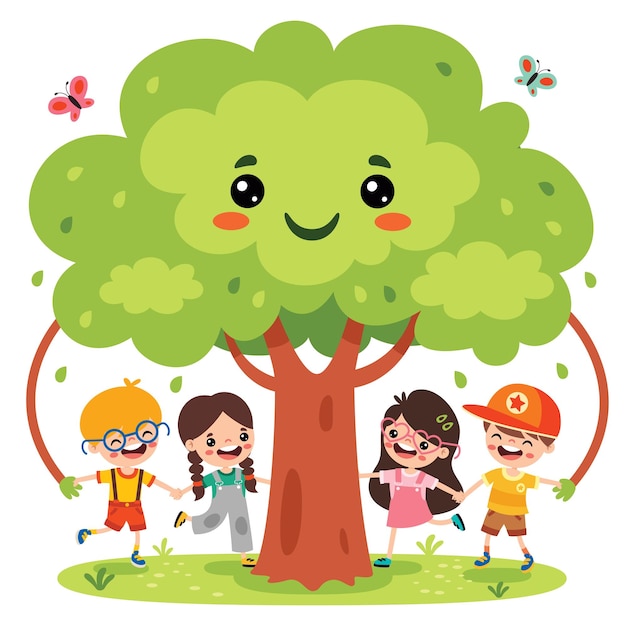 Vettore bambini del fumetto che giocano sotto l'albero