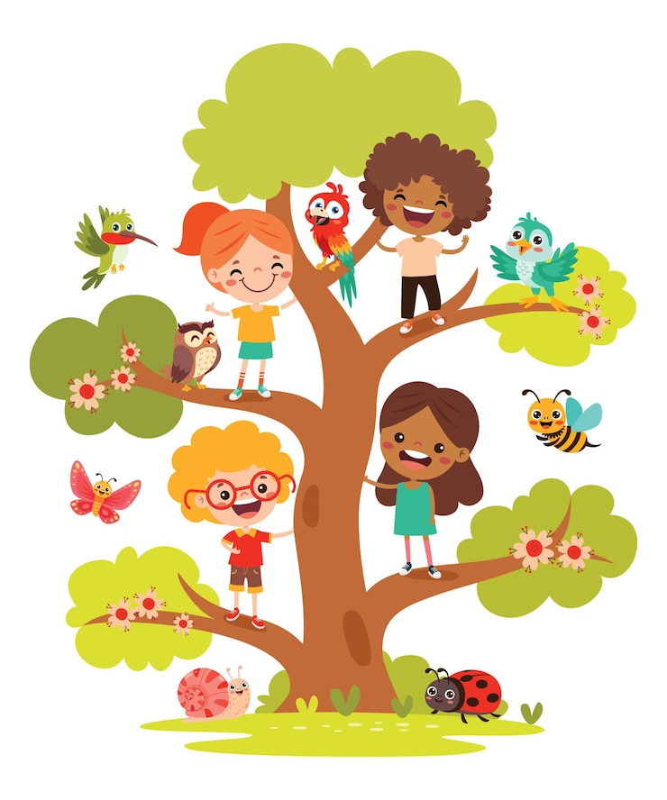 Вектор cartoon children playing at treeanimal, животные, пчела, птица, мальчик, бабочка, лагерь, мультфильм, ребенок, ч