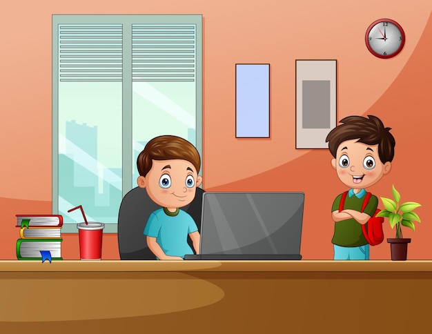 Cartone animato i bambini che giocano con il computer nella scrivania