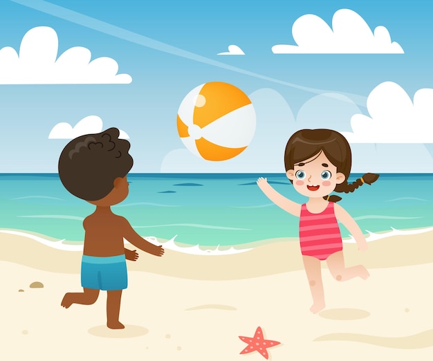 Мультяшные дети играют с надувным мячом на пляже.