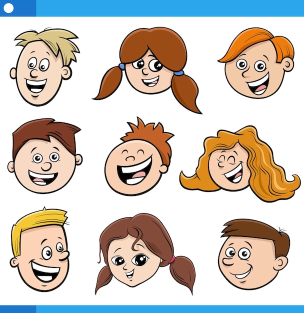 Vector cartoon children and teenagers characters faces set