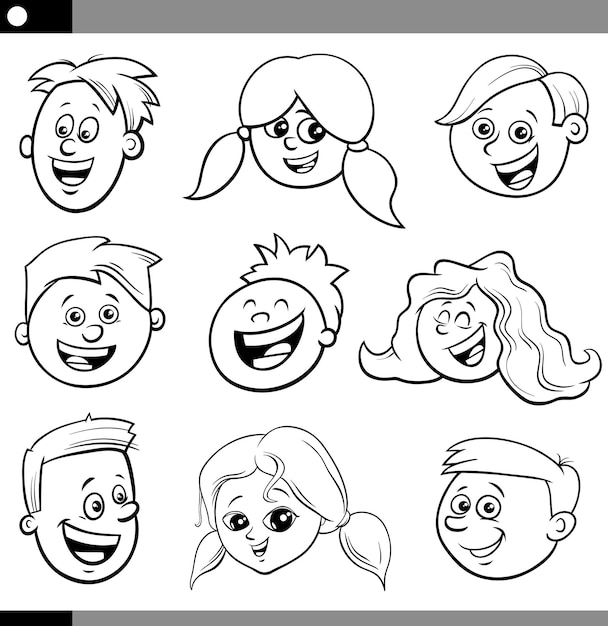 Vector cartoon children or teens faces set coloring page