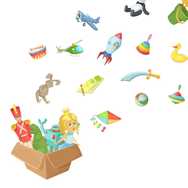 Vector cartoon children toys of box illustration