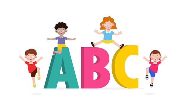 Vector cartoon children with abc letters school kids with abc child with abc letters isolated vector