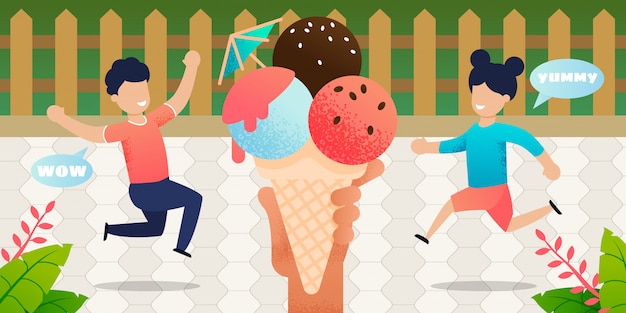 Vector cartoon children in yard running to big ice-cream