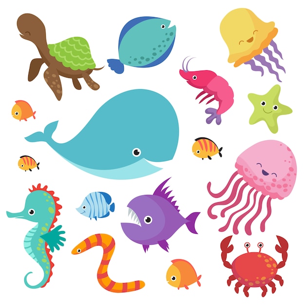 Vector cartoon childrens aquarium and wild sea fishes set