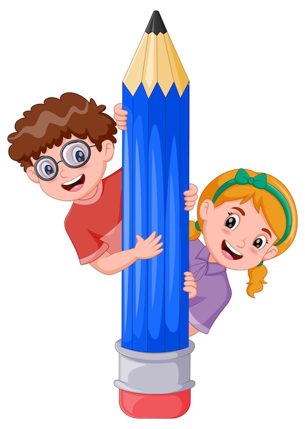 Cartoon childrens cartoon holding a big pencil vector illustration