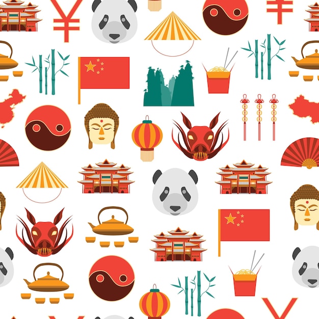 Cartoon Chinese Culture and Tourism Background Pattern on a White Flat Style Design Elements Vector illustration