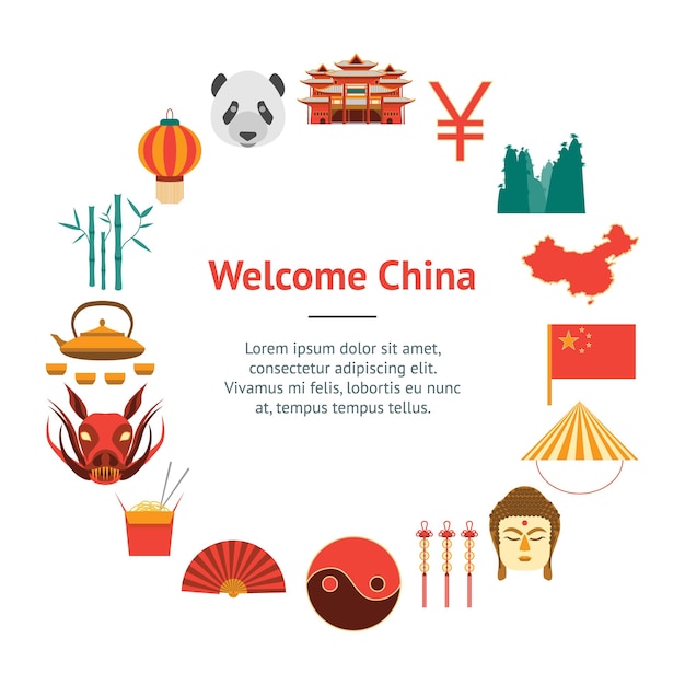 Cartoon Chinese cultuur en toerisme Banner kaart cirkel vlakke stijl ontwerpelementen Vector illustratie