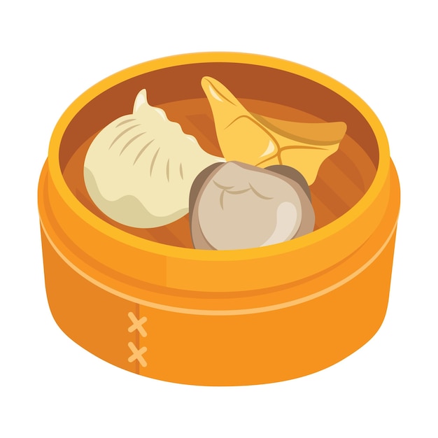 Vector cartoon chinese dumplings in bamboo basket