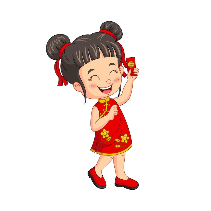 Vector cartoon chinese girl holding an envelope