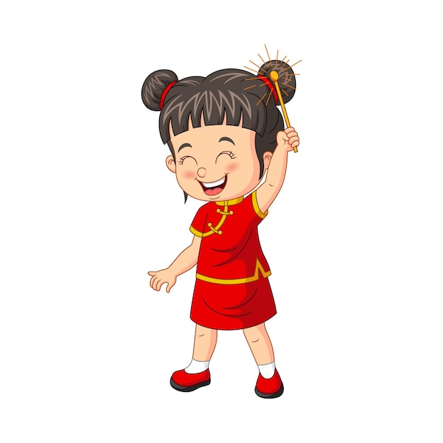 Cartoon chinese girl holding a sparklers