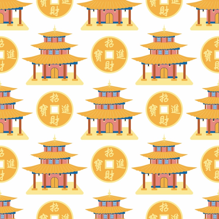 Vector cartoon chinese house seamless pattern chinese symbols of the coin with hieroglyphs yinyang red fan lanterns