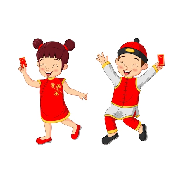 Vector cartoon chinese kids holding a envelopes