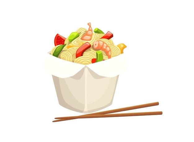 Cartoon chinese wok noodles box with chopsticks