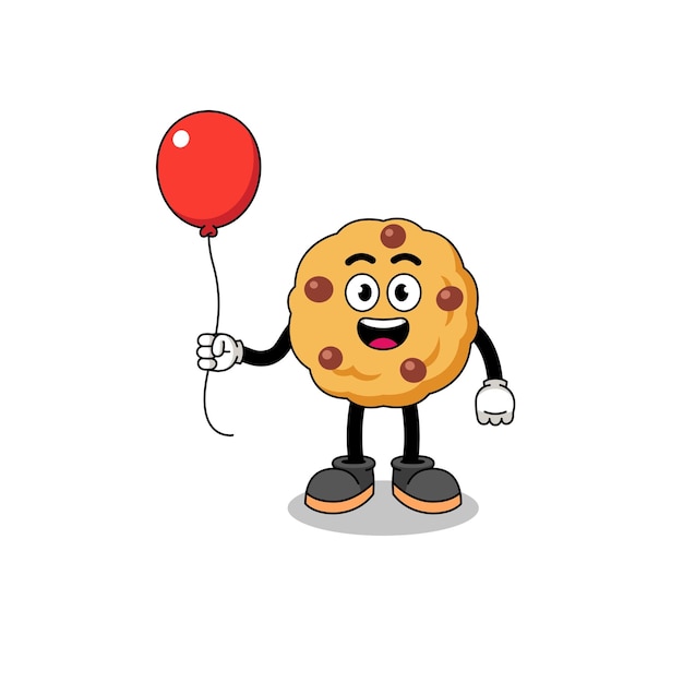 Cartoon of chocolate chip cookie holding a balloon character design