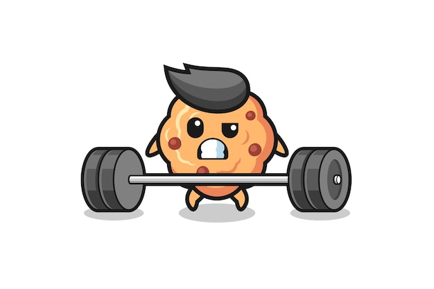 Cartoon of chocolate chip cookie lifting a barbell , cute design