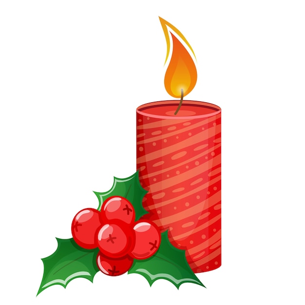 Vector cartoon christmas candle and holly on a white background