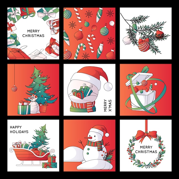 Vector cartoon christmas cards set