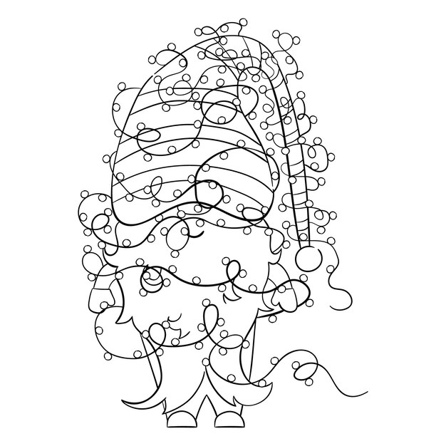 Cartoon Christmas gnome with Christmas garlands for coloring book