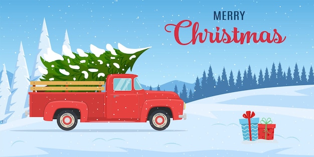 Cartoon Christmas and New Year greeting card.Christmas card or poster design with retro red pickup truck with christmas tree on board. Vector illustration in flat style