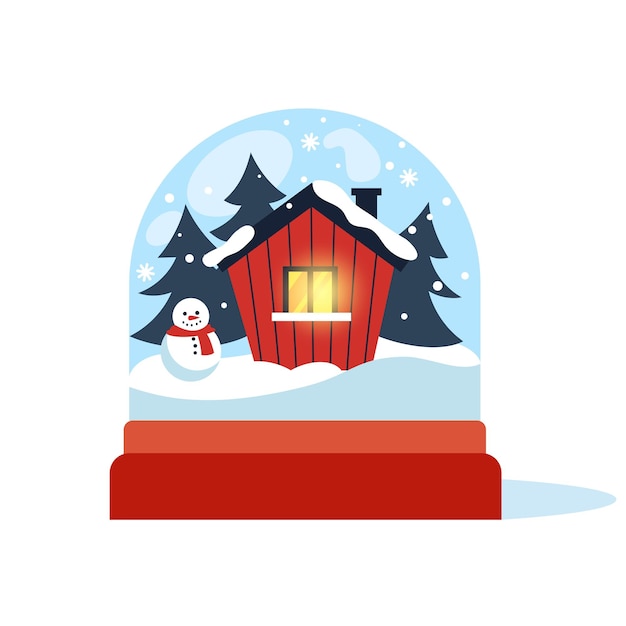 Vector cartoon christmas snow globe with wooden house inside