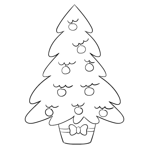 Cartoon Christmas tree for coloring books Linear design for children's coloring books