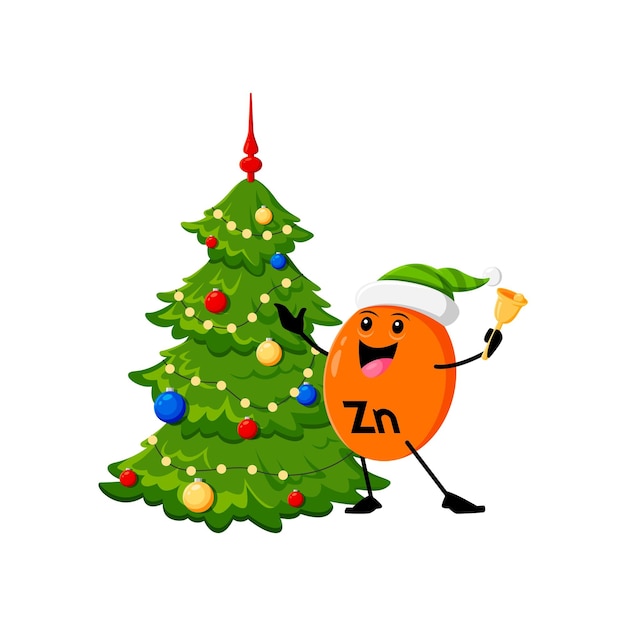 Cartoon Christmas Zn micronutrient character dons a festive hat ringing the bell at decorate tree Isolated vector Zinc capsule personage cheerfully knolling greeting with Xmas and New Year holidays