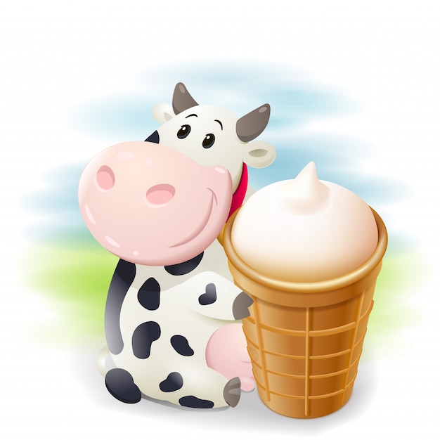 Cartoon chubby cow with ice cream.