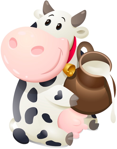 Cartoon chubby cow with jug of milk