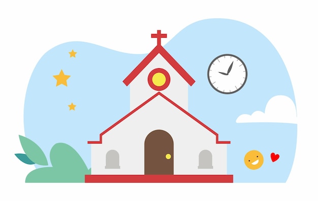 A cartoon of a church with a clock on the top that says 