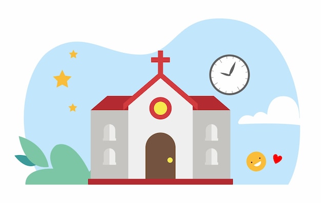 Карикатура на церковь с часами и надписью "церковь" на ней.