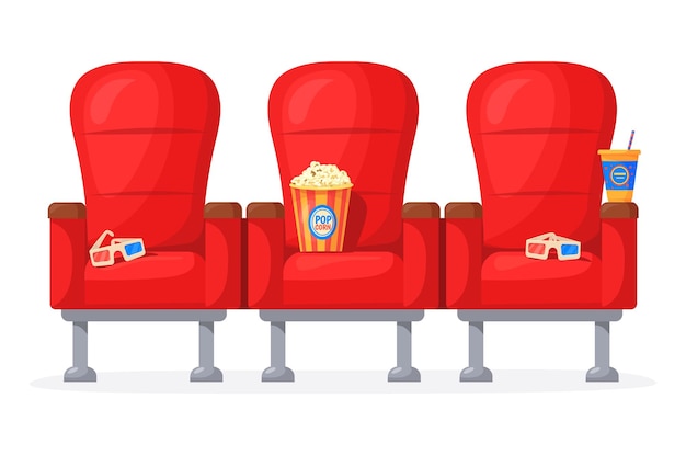 Cartoon cinema chair Red movie theater seats for comfortable watching film at home watch night screen in sofa with popcorn cola 3d glasses audience concert neat vector