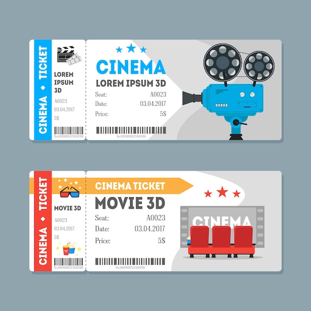 Cartoon Cinema Tickets Big Set Flat Design Style Movie Admit