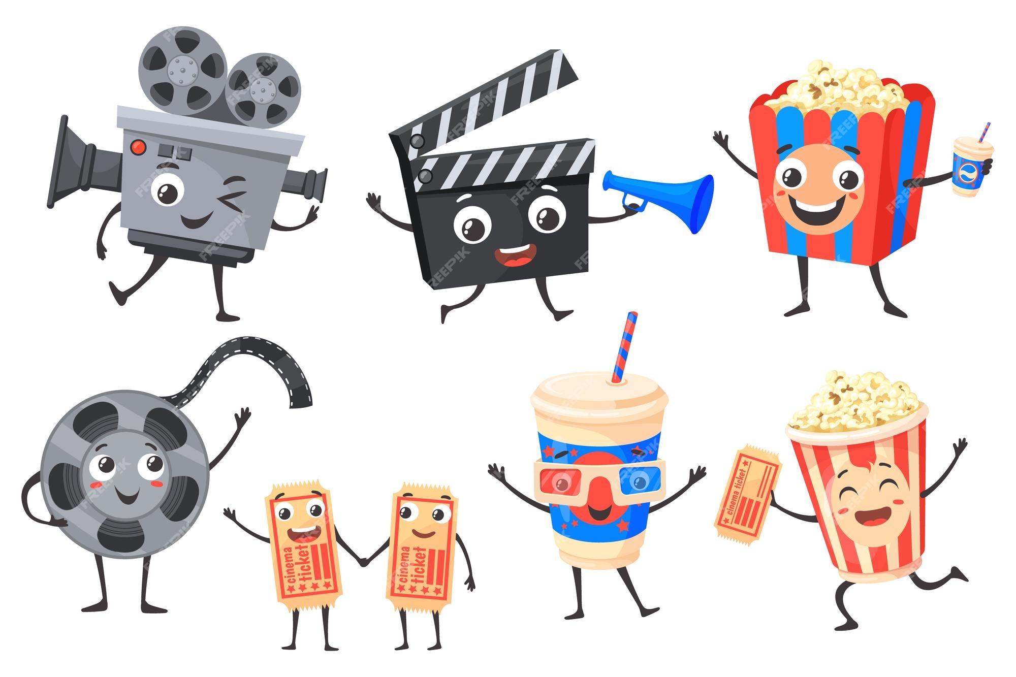 Premium Vector | Cartoon cinematography characters cartoon cinema icon funny cute movie personage popcorn 3d glasses video camera clapperboard ticket comedy theater neat vector illustration Premium Vector | Cartoon cinematography characters cartoon cinema icon funny cute movie personage popcorn 3d glasses video camera clapperboard ticket comedy theater neat vector illustration