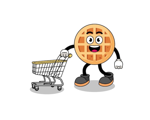 Cartoon of circle waffle holding a shopping trolley