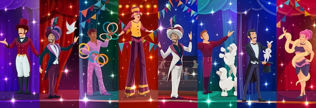 Cartoon circus performer characters collage