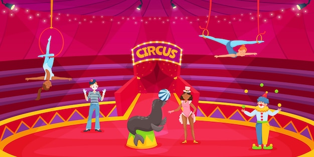 Vettore artisti circensi dei cartoni animati sull'arena clown acrobata addestratore di animali artisti circensi sul palco spettacolo di carnevale con acrobati illustrazione vettoriale