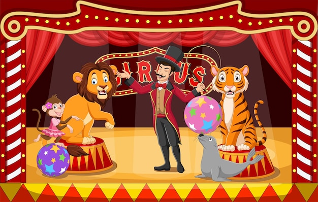 Artisti circensi dei cartoni animati con animali e domatore sull'arena del circo