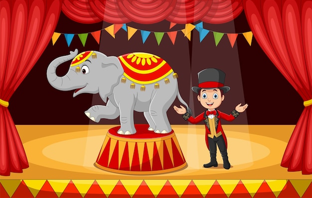 Vector cartoon circus tamer with elephant on stage