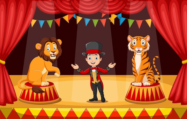 Cartoon circusartiesten met tammer en dieren op circusarena