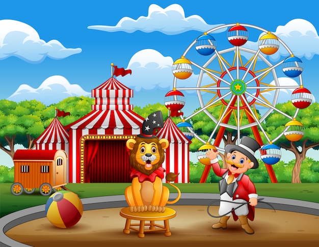 Cartoon-circusdirecteur en een leeuw in de circusarena