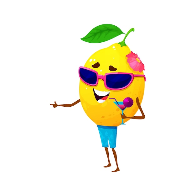 Cartoon citroen personage sippen kleurrijke cocktail op het strand geïsoleerde vector citrusvruchten personage dragen zonnebril en zwembroek houden glas met drank en stro op tropische oceaan paradijs