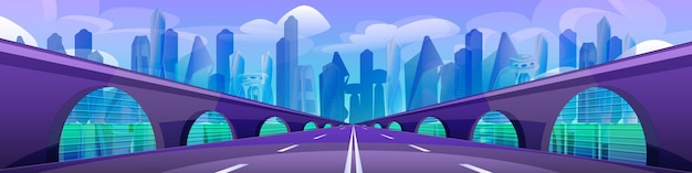 Vector cartoon city with buildings, bridge and highway