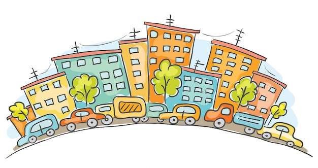 Cartoon cityscape with cars and houses