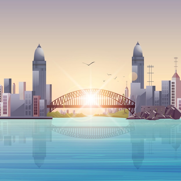 Cartoon cityscape with tall skyscrapers and river